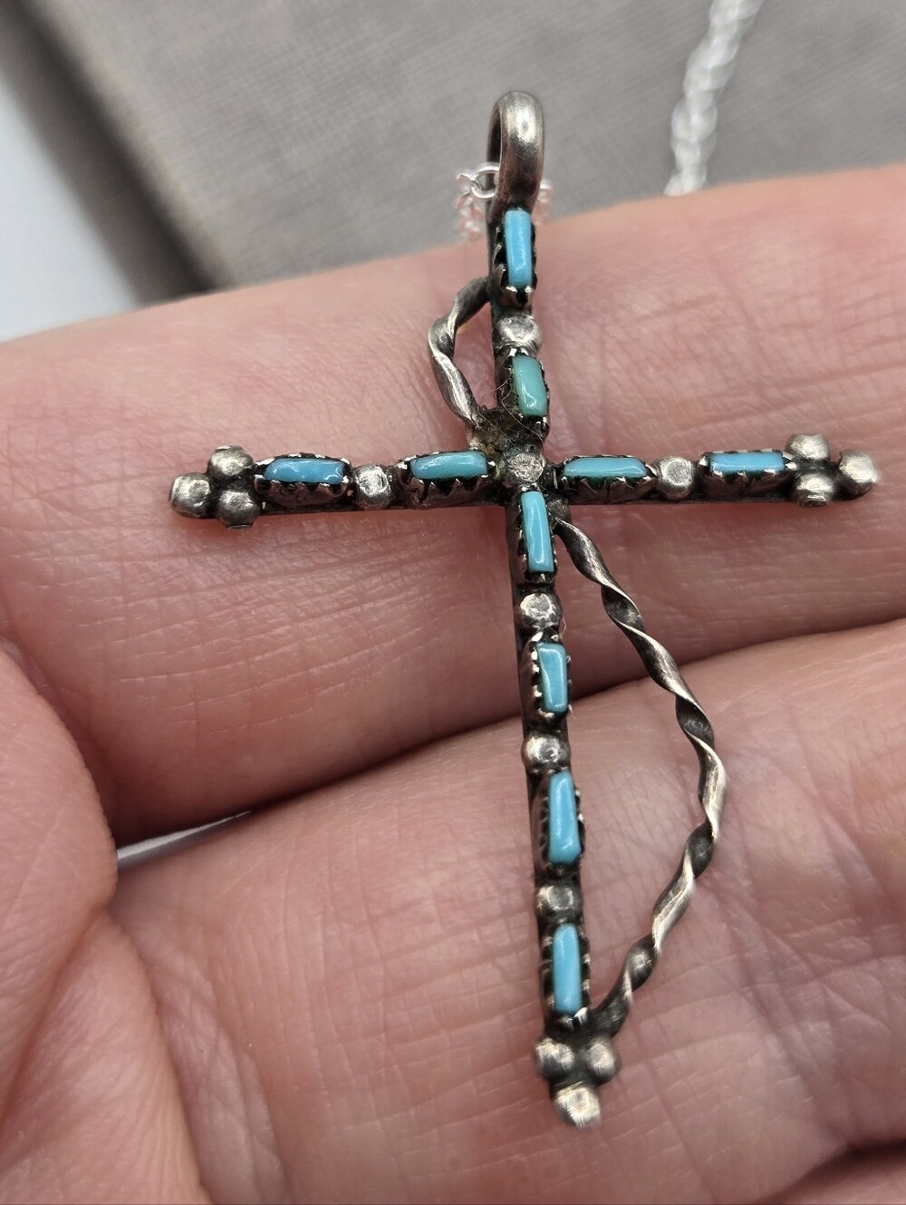 Vintage Sterling Silver Turquoise Zuni Cross Necklace Victorian revival Western